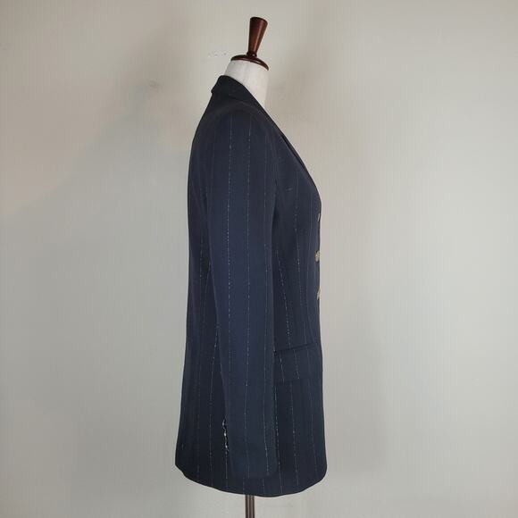 VTG Rickie Freeman Teri John Blazer Jacket 2 Black Wool Pinstripes Gold Longline - Picture 4 of 16